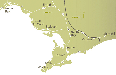 Map showing location of North bay within the provice